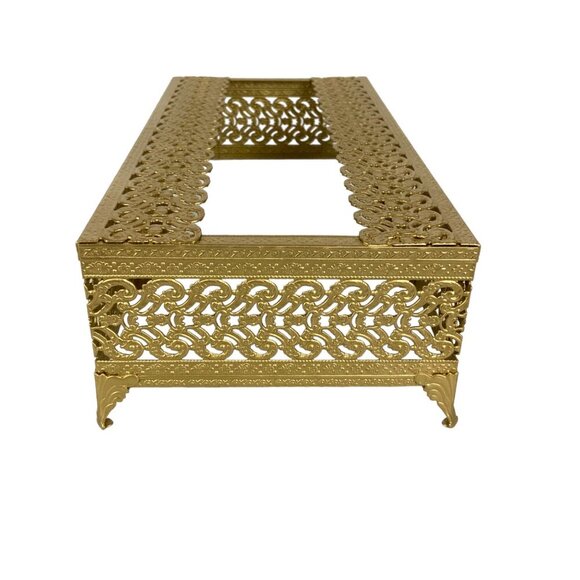 Gold Gilt Metal Filigree Tissue Box Holder Rectangular Footed Hollywood Regency - Picture 4 of 6